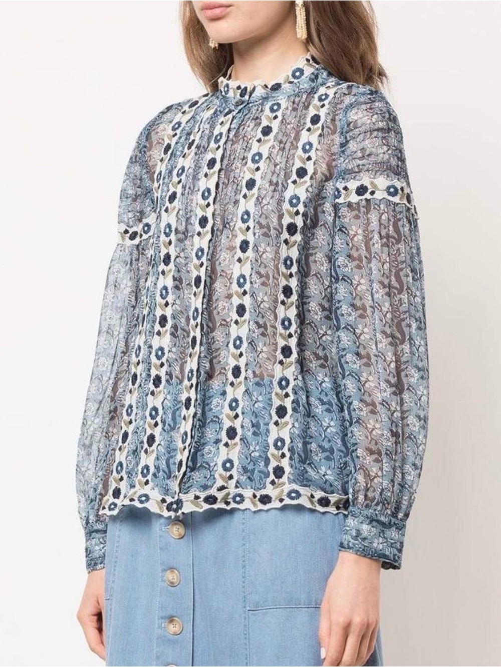 Sea New York Blue Floral Lace Sheer Blouse